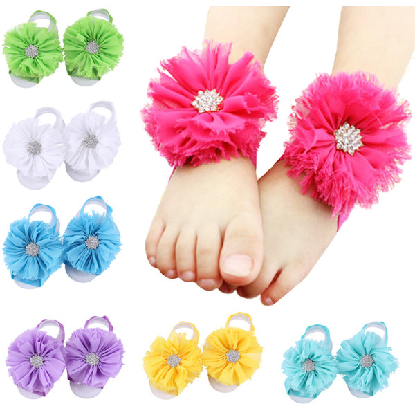 Baby Sandals Flower Shoes Barefoot Foot Flower Ties Cute Foot Rhinestone Flower Barefoot Sandals Wristband Photography Props KFA09