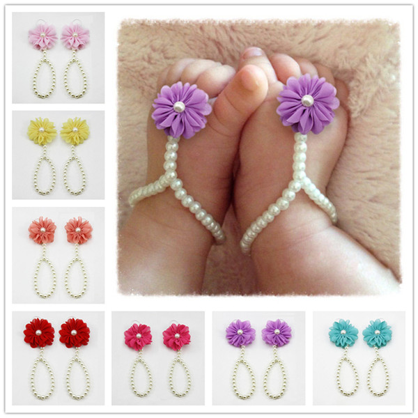 Flower Sandals Simulated Pearl Anklets Newborn Baby Girls Foot Band Toe Rings First Walker Barefoot Sandals Anklets Kids KFA20