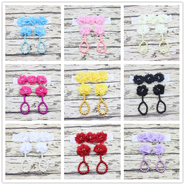 New baby Flower Foot band Simulated Pearl Anklets and headband Set Newborn Baby Girls Toe Rings Barefoot Sandals Photography props KFA37