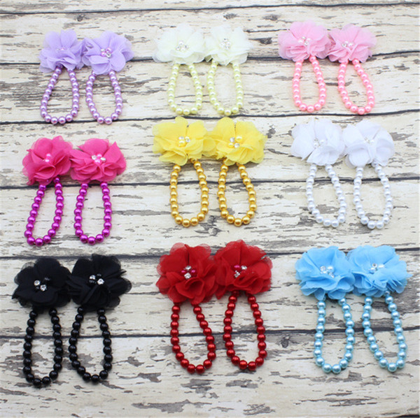 New Arrival kids Flower Sandals baby Barefoot Sandals Simulated Pearl chiffon flower Toddler shoes Foot ornament Photography Props KFA36