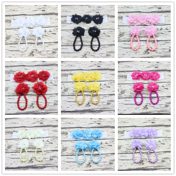 Flower Sandals Simulated Pearl Anklets and headband set Newborn Baby Girls Foot Band Toe Rings First Walker Shoes Headband Set KFA41