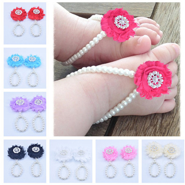 New Baby Flower Sandals Anklets Simulated Pearl Newborn Baby Girls Foot Band Toe Rings First Walker Barefoot Sandals Foot ornament KFA33