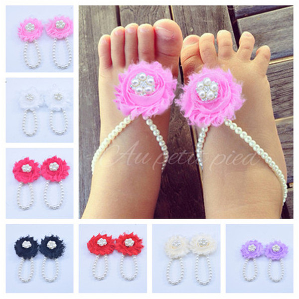 New Arrival kids flower sandals baby barefoot sandals Simulated Pearl foot flower Newborn Baby Girls Foot Band elastic girl shoes KFA29