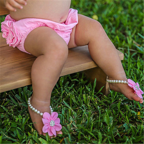 New Arrival kids flower sandals baby barefoot sandals rhinestone foot flower anklet Newborn Baby Girls Foot Band elastic girl shoes KFA31