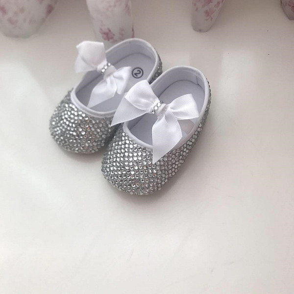 0-18M Custom Handmade Sparkle Bling Unique Newborn Baby Clear Rhinestone Lovely Bow Decorate Christening 1st Birthday Prewalkers