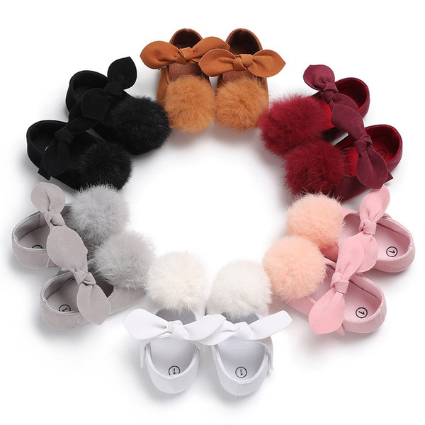 Baby Girls big Plush Pompon bow princess shoes 7 solid colors cute infants soft sole first walkers 3 sizes toddlers princess dresses shoes B