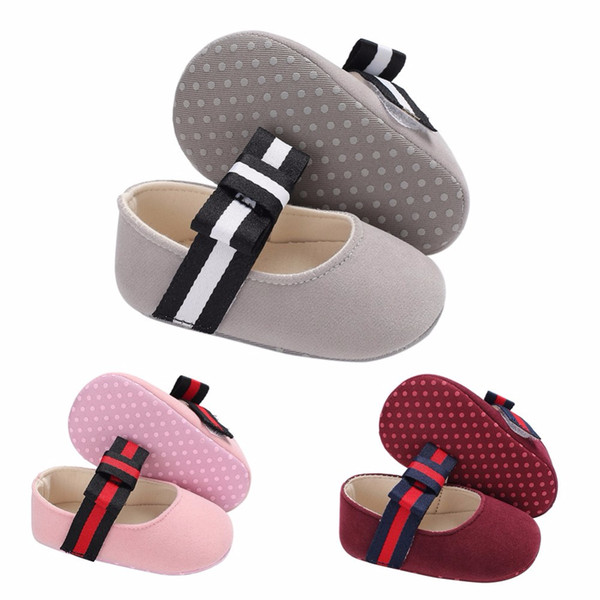 Baby Girls Princess Shoes Infant Toddler Crib Kids First Walkers Mary Jane Striped Big Bow Soft Soled Anti-Slip Dress