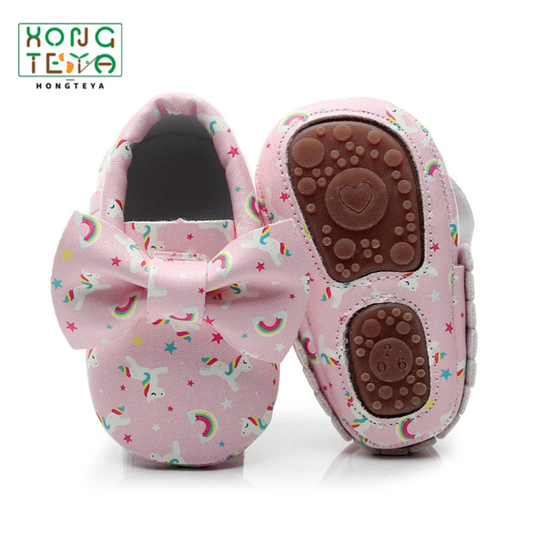 2019 PU Leather Printing Baby Shoes Fringe Baby Toddlers Moccasins Newborn First Walkers Non-Slip Hard Sole Casual Shoes