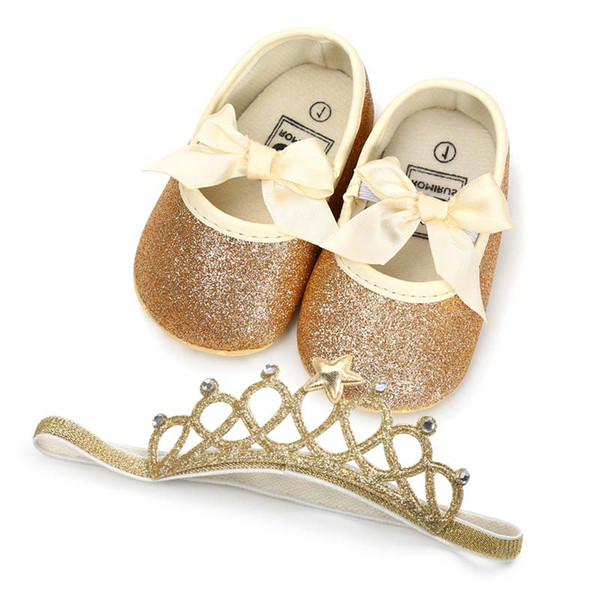 New Gold Bow Sequin newborn baby girl shoes newborn shoes+ Crown Headbands 2pcs/set infant shoes Baby First Walker Shoes Baby Footwear A1849