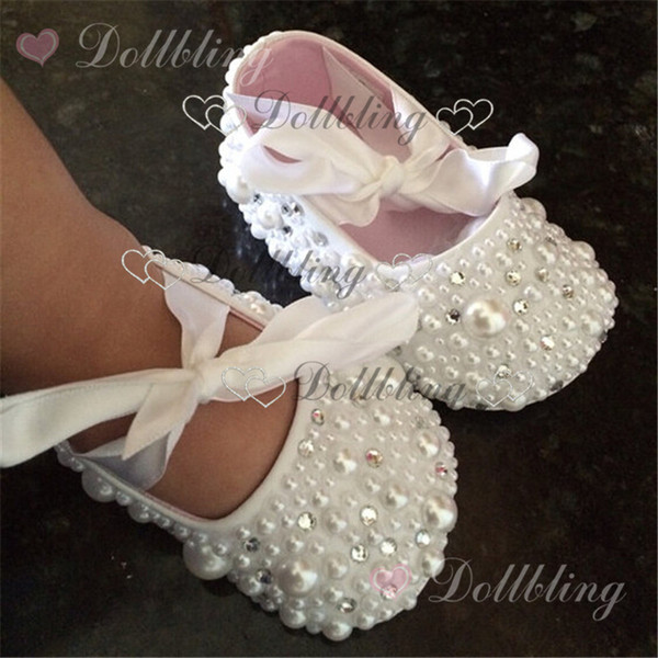 Christening pearls Rhinestones clear crystal baby shoes custom for buyer white ribbon match magic childhood keepsake