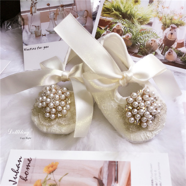 Ivory Lace Vintage Luxury Pealrs Charm Baby Girl Gift Shoes Wedding Handmade Sweet Princess Shoes Bling infant 0-1