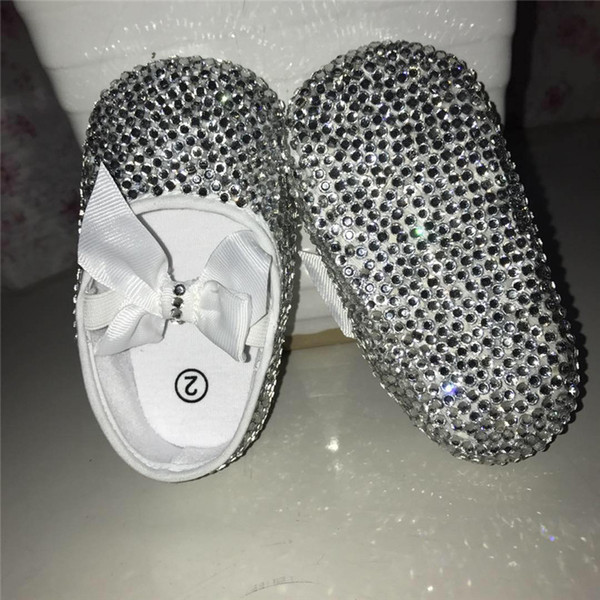 Newborn Handmade Sparkle Bling Custom Christening Clear Rhinestone All Cover Bling 0-18M White Princess Girls First Walker