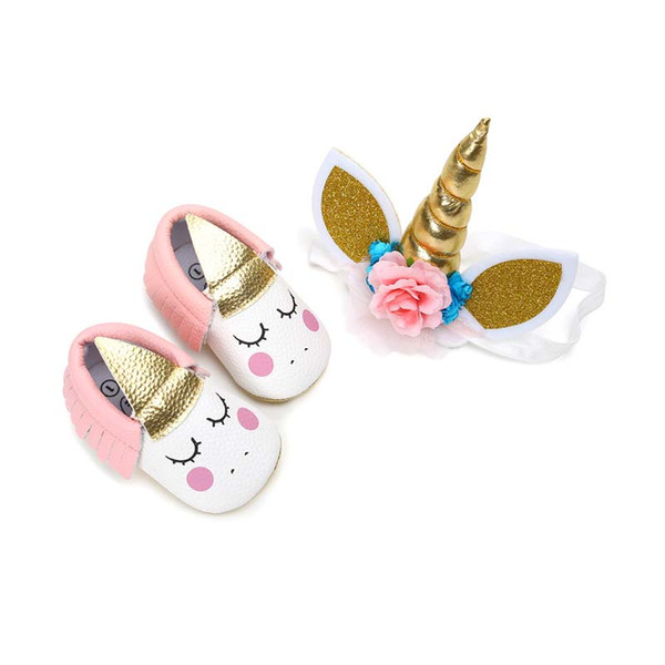 Unicorn baby girl shoes baby designer shoes newborn baby girl shoe +Unicorn hair band 2pcs Moccasins Soft Infant First Walker Shoes A2388