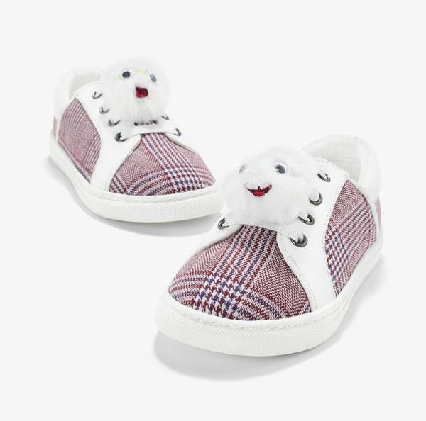 Autumn new baby cute pet plush decorative wine red striped plaid shoes casual soft flat shoes