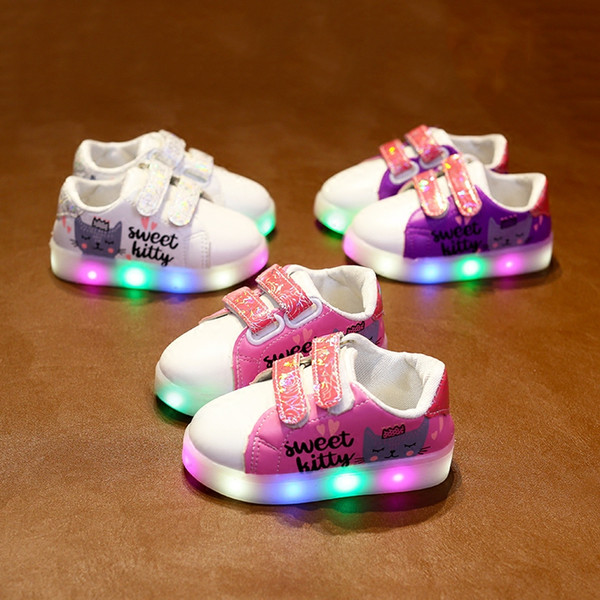 Wholesale cheap kids shoes girls sweet kitty fashion casual led light shoes children spring autumn rubber PU girl shoes flat heels EU 21-30