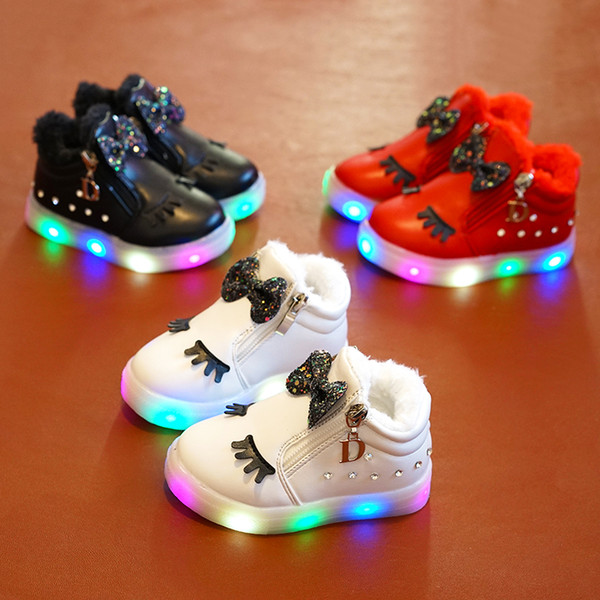 Wholesales winter warm plush kids shoes girls flat heels Fashion casual children girl led light shoes flash cartoon bow crystal zipper shoes