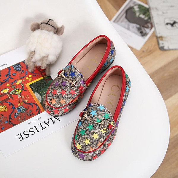Girls Designer Dress Suit Shoe Slip-On Metal Buckle Brand Flats Shoes Casual Embroidery Print Horsebit Loafers EUR 26-35 3 Style High Qualiy