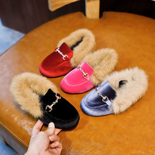 Kids Girls Shoes Warm Flats PU Leather Suede Princess Fluffy Shoes Winter Kids Fur Shoes Toddler Brand Black Warm Loafer Fashion Moccasins