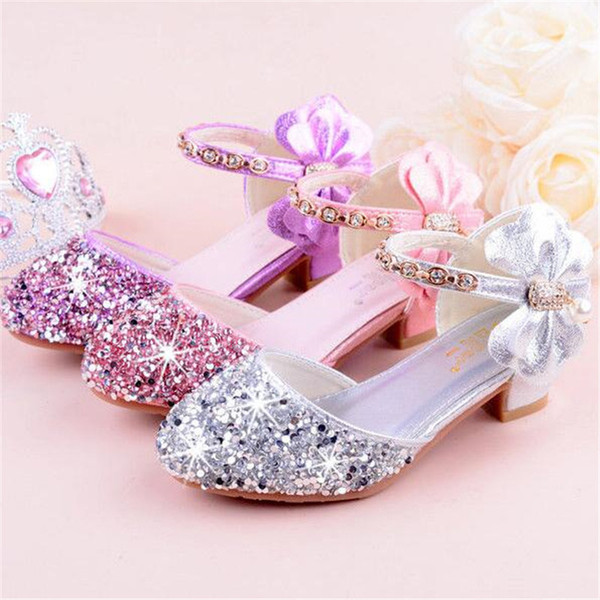 Children girl Crystal Rhinestone bowknot Shoes Girls dance Shoes high-heeled Party Princess 26-38 sliver pink purple TX03