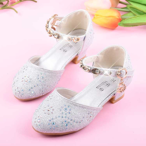 Girl princess shoes spring style single shoe powder silver children's crystal high heels children's dress shoes