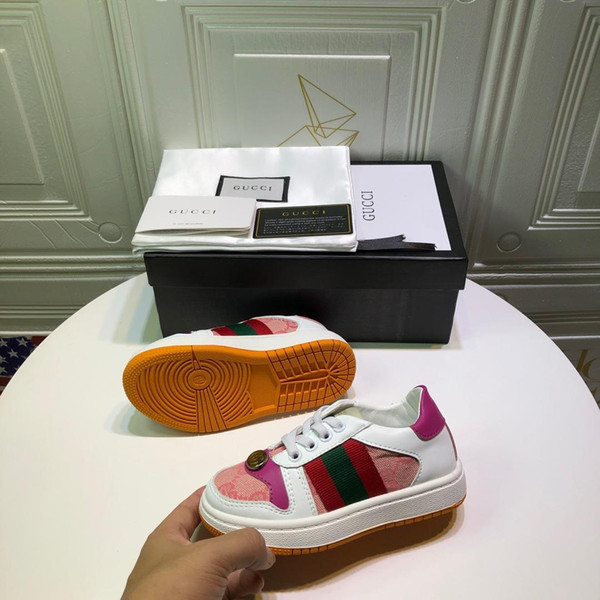 Kids Designer Sneakers Girls Luxury Metal Button Printing Flat Shoes Boys Stripes Skateboard Shoes Non-slip Shoe Teens EUR 26-35 2020 Spring