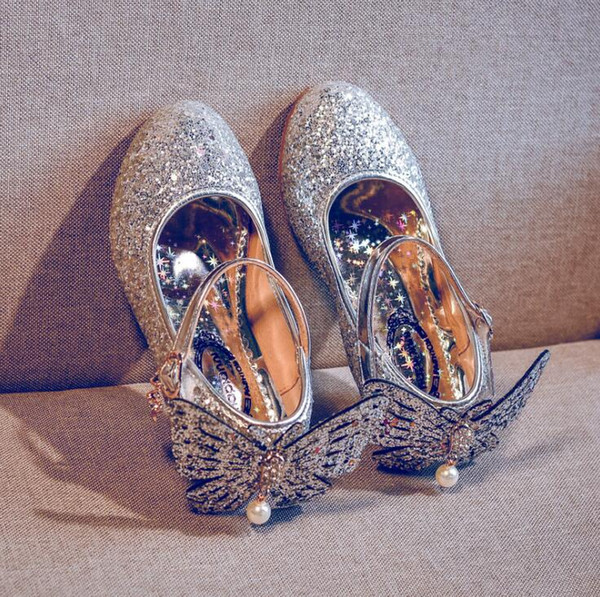 Fantasy fashion sequins Girls high heel princess shoes 2019 spring and autumn new Korean version butterfly children's shoes