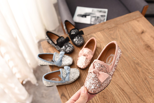 Girls Shoes With Bow Knot Flats Slip on Bling Loafers Glitter leather Children Kids Shoes Princess 3-11 years Old