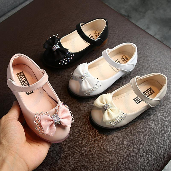 Children Girls Bow Rhinestone Princess Shoes Flat Dance Performance Shoes Girl Small Leather Crystal Bowknot Single