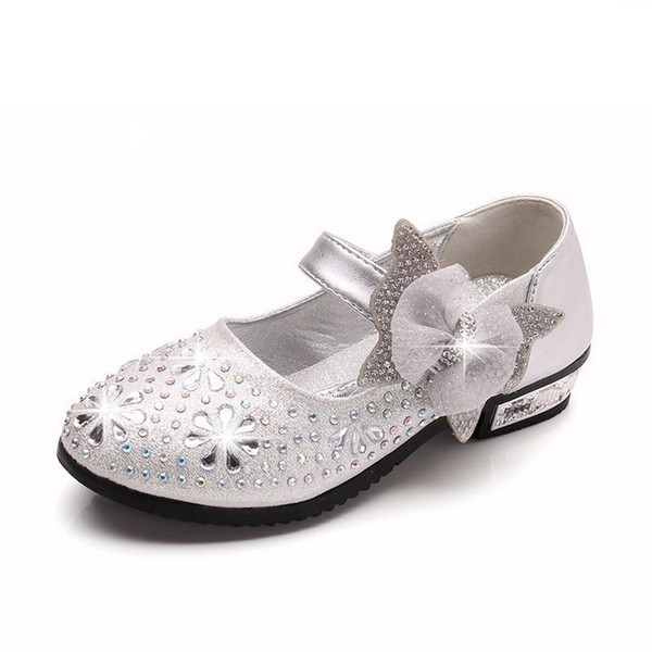 Princess Kids Leather Shoes For Girls Flower Casual Glitter Children Girls Shoes Butterfly Knot Blue Pink Silve