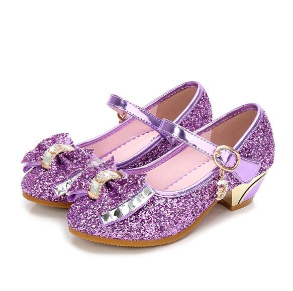 Wholesale 2020 Girls Glitter Beaded Bow Mini Heel Flats kids shoes sale high heels crystal princess baby shoes BY2-013
