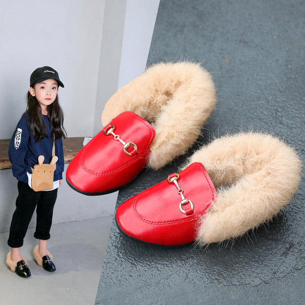 Hot Sale Kids Winter Warm Boys Girls Fashion Shoe Black Red Fur Flat Slip On Non-slip Kids Shoes light Leather New loafer Shoes