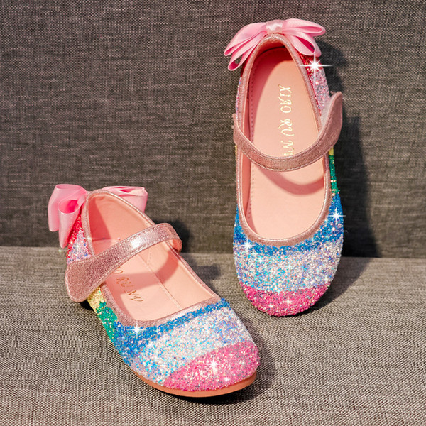 Retail Kids designer Rainbow crystal Flat heels princess Shoes children Luxury soft bottom Leather Shoes kid baby girl shoes