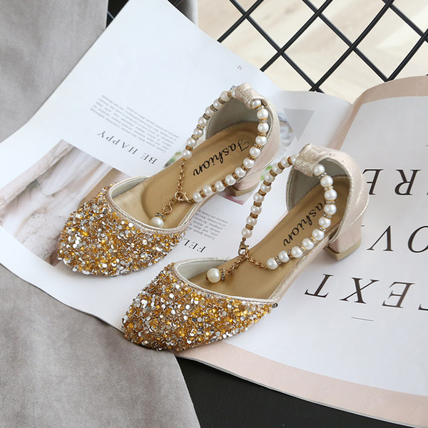 Kids Shoes for Girl Princess with Heels Fashion Sequins Pearl shiny Party Shoes Children Girls Leather SMG047