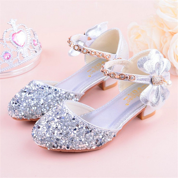 New Kids Dress Shoes Size 26-38 Girls Sequins low-Heel Purple Silver Gold Color Bow-Knot Rhinestone Design Princess Dance Shoes