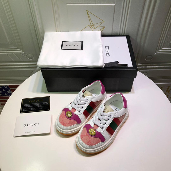 Kids Designer Sneakers Girls Luxury Metal Button Printing Flat Shoes Boys Stripes Skateboard Shoes Non-slip Shoe Teens for Student EUR 26-35