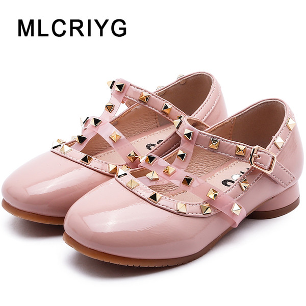 New 2019 Autumn Kids Rivet Shoes Children Pu Leather Shoes Baby Girls Black Princess Flats Sweet Dance Fashion Mary Jane