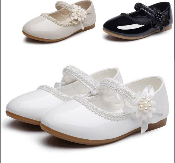 White pearl Flower Children Little Girl Kids Leather Party And Wedding Princess Shoes For Teens Girls Baby School Dance Shoes