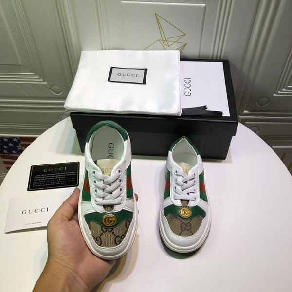Kids Designer Sneakers Girls Luxury Metal Button Printing Flat Shoes Boys Stripes Skateboard Shoes Non-slip Shoe Teens EUR 26-35high Quality