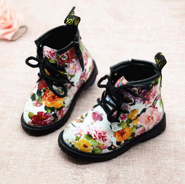 2017 Fashion Printing floral hildren Shoes Girls Boots PU Leather Cute Baby Boots Comfy Ankle Kids Girl Martin Shoes Size 21-30