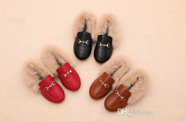 Hot Sale Designer Brown Shoes Kids Shoes Luxury Shoes Autumn Real Rabbit Fur Children Gift