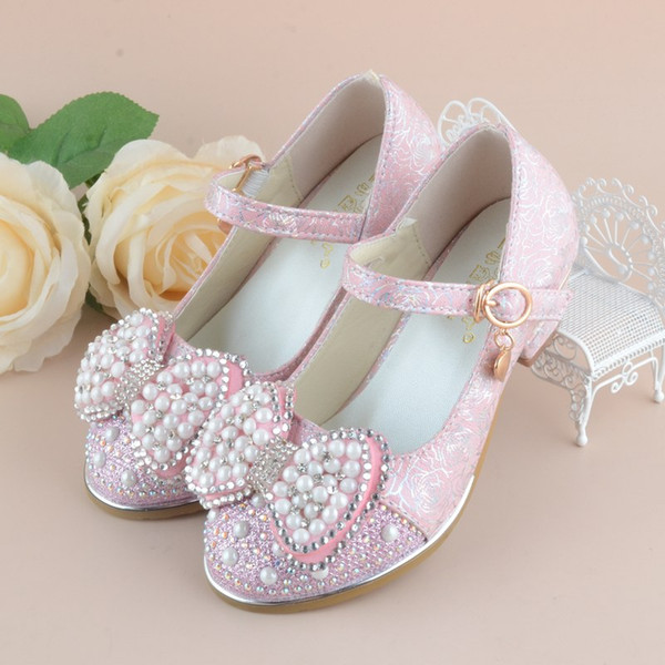 Crystal Girls Leather Shoes Kids Glitter Bowtie Girls High Heels Dress Party Shoes Spring Autumn Children Princess Shoes For Girls