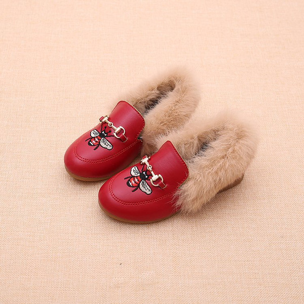 Children faux fur shoes winter girls bees embroidery princess footwear fashion new kids velvet PU leather princess shoes A01140
