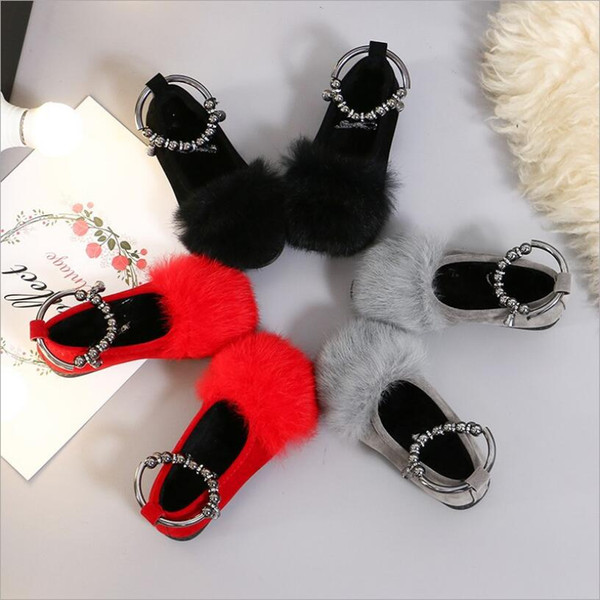 Girls Peas Shoes Real Rabbit Fur Princess Leather Lovely Girls Shoes PU Leather Autumn Toddler Girl Shoes