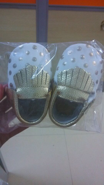 retail baby cow leather gold fringe moccasins infant boy girl cute white with gold Polka dot fringe shoes 3size totally