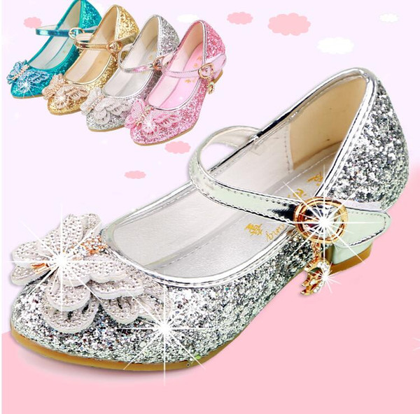 Princess Kids Leather Shoes For Girls Casual Glitter Children High Heel Girls Shoes Butterfly Knot Blue Pink Silver Glod