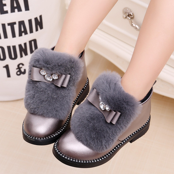 Girls Kids Short boots Children Fur Bowknot Rubber Boots Warm Autumn Winter Casual Shoes for Female Size 27-37 Gray Black