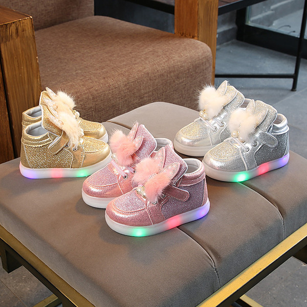 Children Casual Shoes Student Pink Rabbit Fur Shoes Girls Floral Shoes With Led Lights Little Girls Glowing Sneakers