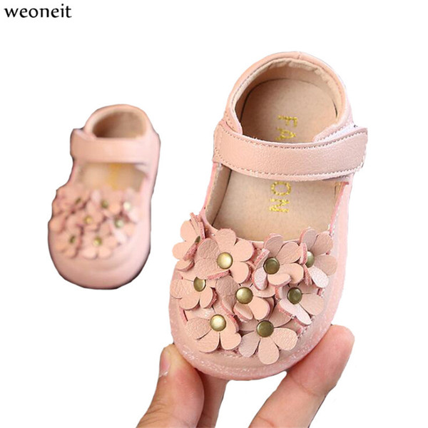 Weoneit Soft Baby Girls Shoes Leather Solid Enfant Kids Shoes Black Beige Flowers Princess Children
