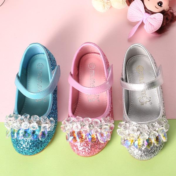Heart Rhinestone Girls Princess Shoes Sliver Leather Girls Kids Shoes for Dance Party Princess Girl Single crystal Shoes For 3-12old girls