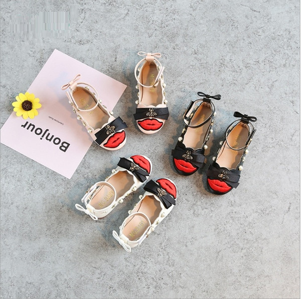 Girls Shoes 2018 Spring Cute Red Lips Pearl Shoes Fashion Anti Slip Bee Leather Shoes EE-106